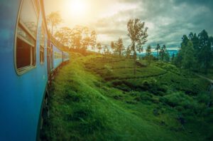 a train in sri lanka with sunset